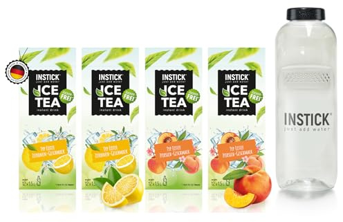 INSTICK Ice Tea Zuckerfreies Instant-Getränk (Eistee Pfirsich & Eistee Zitrone + 1L Trinkflasche) 48 Sticks - 1 Stick für 1,5-2,5L - Veganes Getränkepulver Kalorienarm & Vitamin C - Instant-Pulver