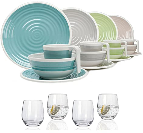 Vaisselle de camping en mélamine pour 4 personnes - 16 pièces + 4 verres à eau