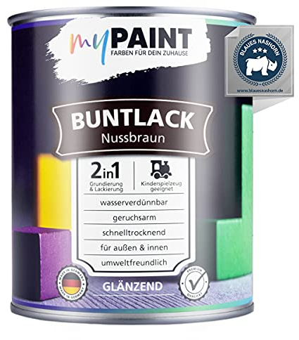 myPaint 2in1 Buntlack Glänzend (750ml Nussbraun/Braun RAL 8011) – Wetterfeste Holzfarbe Holzlack & Küchenmöbellack. Getrocknet sicher für Kinderspielzeug. Für Innen & Außen