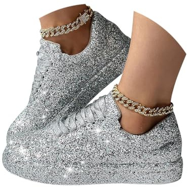 Minetom Baskets Femmes Paillettes Baskets De Courses Basses Athletique Marche Laçage Chaussures Sport Jogging Chaussures A Argent 43 EU