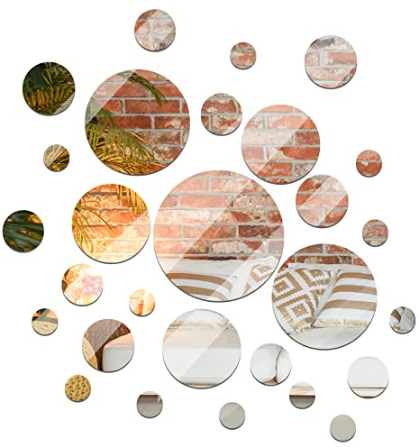 Jetec 28 Pcs Real Glass Round Mirror Tiles Frameless Wall Glass Tiles Round Wall-Mount Mirrors with Acrylic Double Sided Adhesive for Bedroom Bathroom Craft(2/3/4/6/8/10 Inch)