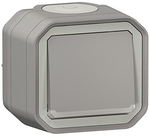 Legrand - Lichtschalter oder Wechselschalter, wasserdicht, Plexo 10 A, komplett mit Kontrollleuchte für Aufputzmontage, Grau