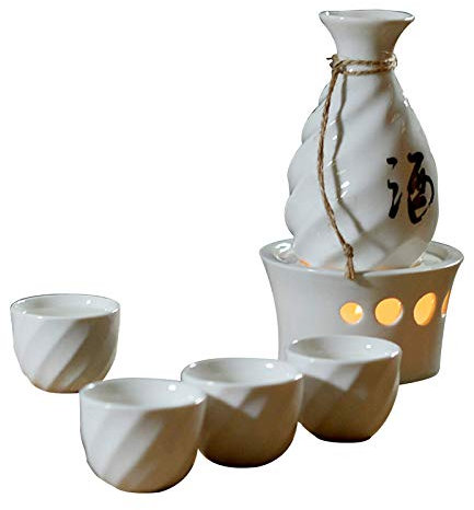 MXXHFC Sake-Set mit thermostatischer Basis, traditionelles Japanisches heißes Saka-Getränke-Set, 6-teilig, beinhaltet 1 Herd, 1 Sake-Flasche und 4 Tassen,B (A) (A)