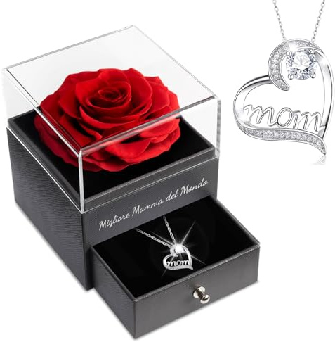 Sunia Rosa Stabilizzata Regalo Mamma Compleanno, Vera Rosa Eterna con Collana Argento 925 Donna, Migliore Mamma del Mondo, Regalo Donna Compleanno Natale San Valentino Anniversario