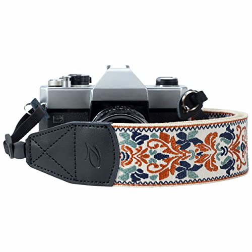 Camera Strap - 2 Retro Jacquard Embroidery Multi-pattern Camera Straps Adjustable,Wide Camera Neck/Shoulder Strap with Genuine Leather Head for All DSLR/SLR Digital Cameras(White Classic Flower)