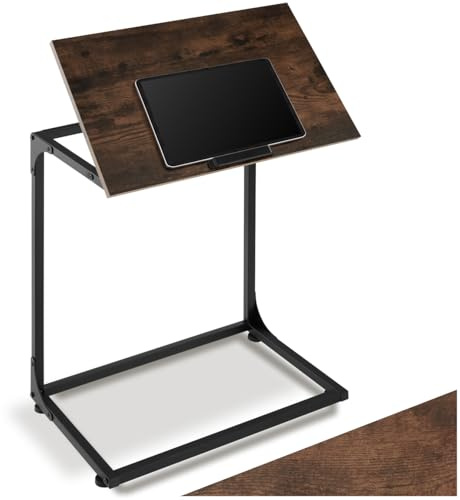 tectake® Mesa Auxiliar en Forma de C Ajustable, Mesa Auxiliar Sofa, Muebles Salon, Mesita de Noche Estrecha, Decoracion Hogar, Muebles - 55 x 35 x 66,5 cm Madera Industrial Oscura, Rústica