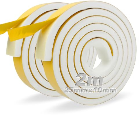 Moosgummi Selbstklebend Weiß Dichtungsband Selbstklebend 25 mm(B) x10 mm(D) Schaumstoff Klebeband für Fenster Türen Siegel Anti-Kollision Schalldämmung 2 Rollen je 2 m lang