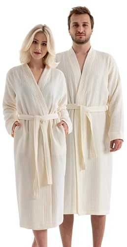 pamuq Bademantel Damen & Herren - beige, 4-lagiger Musselin, 100% Baumwolle, leicht - Morgenmantel Kimono Bathrobe Saunamantel Reisebademantel Bademantel Herren