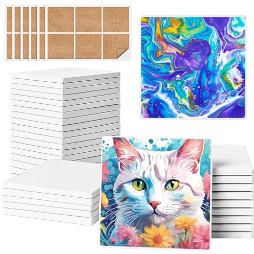 Ceramic Tiles for Crafts, GOH DODD 36 Pack Unglazed Blank Coasters with Cork Backing for Alcohol Ink Painting Acrylic Pouring Art Projects Housewarming Gifts Wedding School Education, Square, 4 Inch