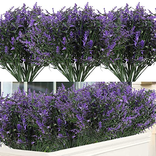 Homcomodar 12 Bündelt Künstliche Lavendel Blume Kunststoff UV-beständige Outdoor Pflanze Bush gefälschte Grünpflanzen Pflanzen Blumen für Garten Hof Veranda Fenster Innen Außendekoration (Lila)