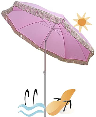 CHEVVY Sonnenschirm, Rosafarbener Gartenschirm, Runder Strandschirm, 1,8m Terrassenschirm, Schwenkbar/Faltbar, Großer Außenschirm Mit Quastendesign, Ohne Fuß, 8 Rippen