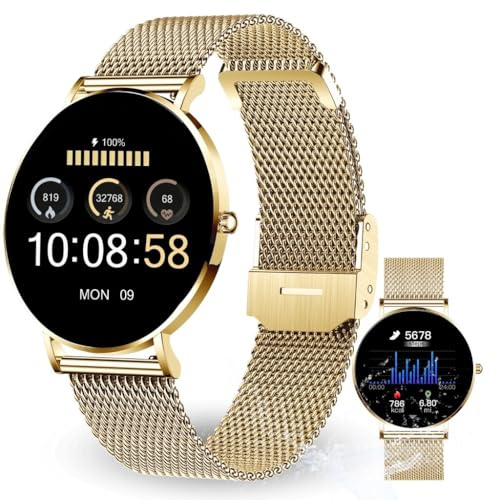 XCOAST Damen Smartwatch SIONA 2 Classic Gold 6.9mm flach AMOLED Display kompatibel mit iOS Android Fitness Tracker Blutsauerstoff Herzfrequenz Blutdruck wasserfest