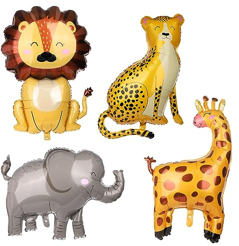 4pcs Wild Animal Balloon, 4 Styles Jungle Safari Balloons Large Theme Party Supplies - Elephant, Lion, Giraffe, Cheetah Foil Balloons for Birthday