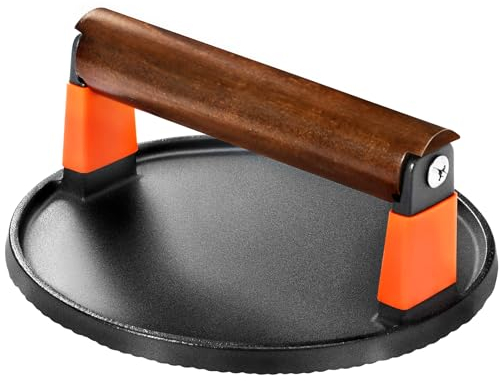 GGC Smash Burger Press, Cast Iron Bacon Press for Hamburger, Steak, Bacon, Sandwiches, 7 Round Meat Press with Wooden Handle for Grill and Griddle Cooking(10Pcs Patty Paper)
