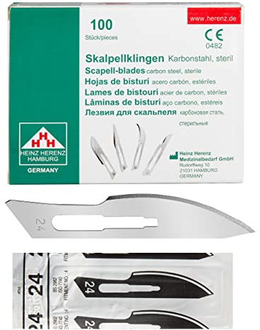 Shehadeh - 100 cuchillas estériles para bisturí Figura 24 para soporte de bisturí n.º 4