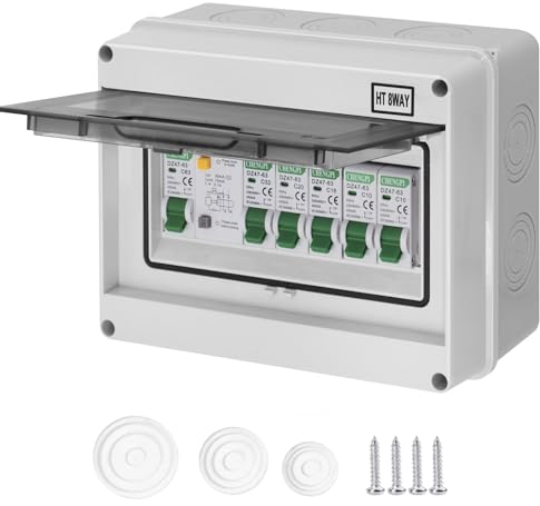 CHENGPI Consumer Unit 8 Way, IP65 Waterproof Fuse Box Surface Mounted, Garage Fuse Box, Distribution Box With AC Leakage Switch 63A, AC Disconnector 2x10A+16A+20A+32A for Home/Office