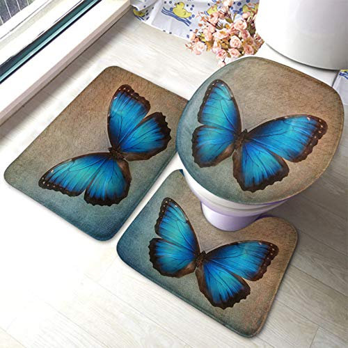 rutschfeste 3 Badteppich Set Blauer Schmetterling Abstrakt Grunge Hintergrund rutschfeste Fußmatte Set Weiche Dekorative Badgarnitur Badematten, Für Dusche, Wohnzimmer