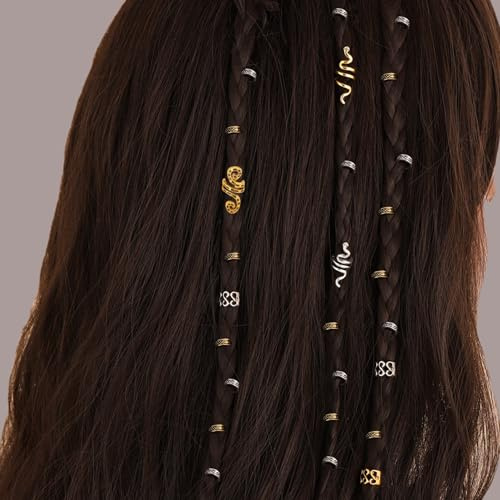 XCSJ 27 Pieces Dreadlocks Jewellery Viking Hair Accessories Metal Cuffs Dreadlocks Hair Jewellery Beads Hair Beads Medieval Jewellery Dreads Snakes Hair Accessories Beads for Men, Women (Gold, Silver)
