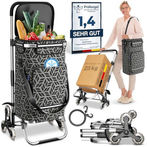 ELONEO Einkaufstrolley Treppensteiger mit Kühlfach, Einkaufsroller klappbar, Shopping Trolley höhenverstellbar, Reflektoren, abnehmbare Tasche 43 L, Hackenporsche (Treppensteiger-Trolley, Grau)