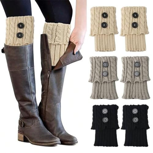 Stulpen Damen, 3 Paar Gestrickte Leg Warmers, Warme Winter Beinstulpen Frauen, Kurze Knöchelwärmer, Kurze Knopf Leg Warmers Socken, Weich Knöchelwärmer Bein Stulpen, Warme Winter Stricken Beinstulpen