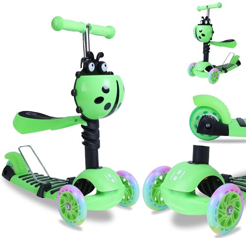 Habib 3in1 Kinderroller ab 3 Jahre mit Sitz - LED-Räder, höhenverstellbarer Lenker 58-76 cm, Marienkäfer-Design, bis 50 kg - Dreiradroller für Jungen und Mädchen