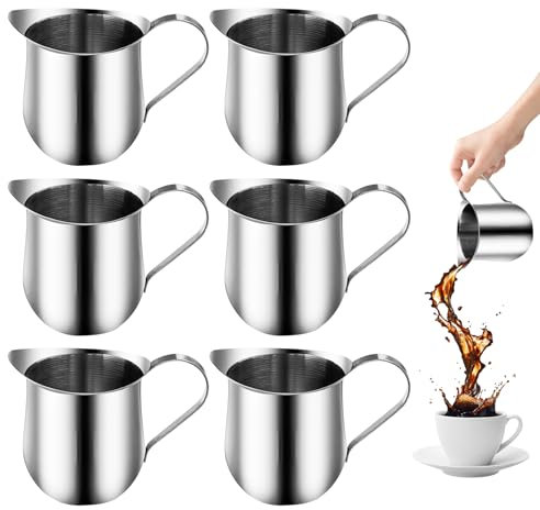 BORDEAG 6 Stück Milchkännchen Edelstahl, 90 ML Aufschäumer Kännchen, 3OZ Milch Pitcher Aufschäumen, Mini Milchschaumkännchen Für Milchaufschäumer Kaffeemaschine Espressoher