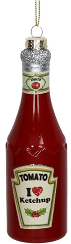 Christbaumschmuck Glas 14cm - Ketchup Flasche Figur zum Aufhängen - handbemalt & mit Glitzer - Weihnachtsbaum Anhänger für Weihnachten - Christbaumanhänger & Weihnachtsbaumschmuck - Tomatenketchup Rot