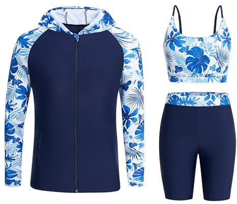 Owntop Damen 3-teiliger Rash Guard | UPF50+ Badeanzüge Kapuzen UV-Shirt | Langarm Reißverschluss Rashguard Shirts & Bikini Top & Hochtaillierte Boyshorts | Bescheidene Badebekleidung | Blau L