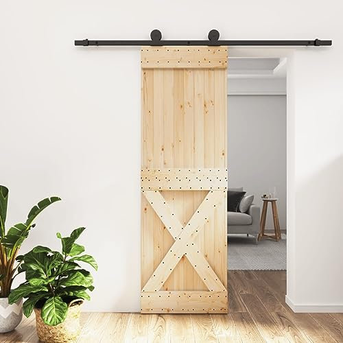 Scheunentür Schiebetürbeschlag Holzschiebetür Schiebetür Holz Tür Holztür Schiebetüren Trennwände Raumteiler Innentür Zimmertür mit Beschlag, 70x210 cm Massivholz Kiefer