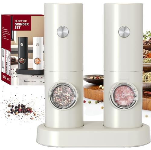 CIRCLE JOY Set Macina Sale e Pepe Elettrico a Batteria Macinaspezie con Base, Luce LED Bianca e Rugosità Regolabile, Nudo Bianco