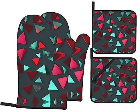 Set di guanti da forno e presine con stampa triangolare, guanti da cucina resistenti al calore per cucinare, cuocere al forno, grigliare