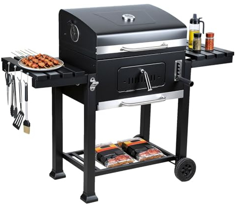 Jiubiaz Barbacoa XL de carbón vegetal con tapa + ruedas, incluye termómetro, chimenea, suelo plegable, 8 ganchos y parrilla, ahumador, para barbacoa de camping y jardín