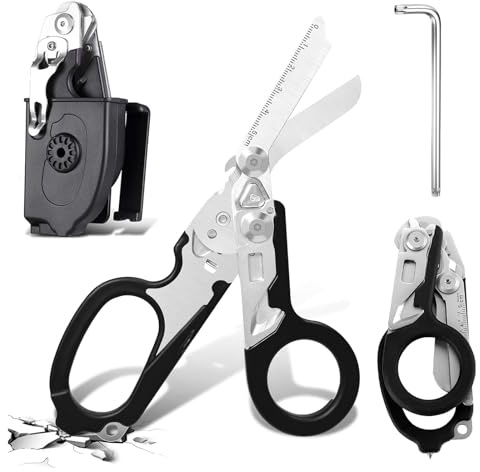 Zengjunwei 6-In-1 Faltbar Rettungsschere, für Outdoor Camping, Schwarz | Trauma Schere, Notfallschere, verbandsschere, Mit K-Schutzhülle, Schraubenschlüssel für Professionelle Rettungsdienste