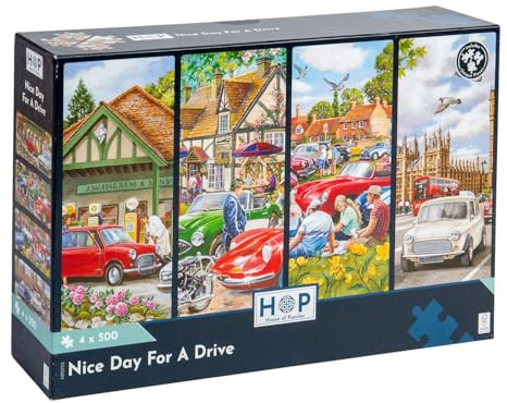 The House of Puzzles Nice Day for a Drive, 4 x 500 Piece Jigsaw Pack | Artist Illustrated, Scenic Landscape, Deluxe Puzzle Gift for Adults
