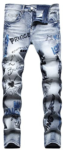 Kdtoll Pantalones Vaqueros Slim Fit – Pantalón Vaquero Elásticos con Graffiti Bordados, Jeans Estilo Streetwear Y2K, Hip-Hop Casual Moderno