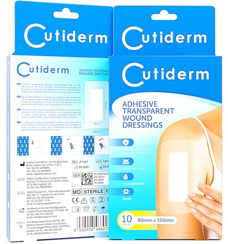 Cutiderm Large Adhesive Transparent Waterproof Wound Dressings 80mm x 150mm - Pack of 10 Dressings, Plasters