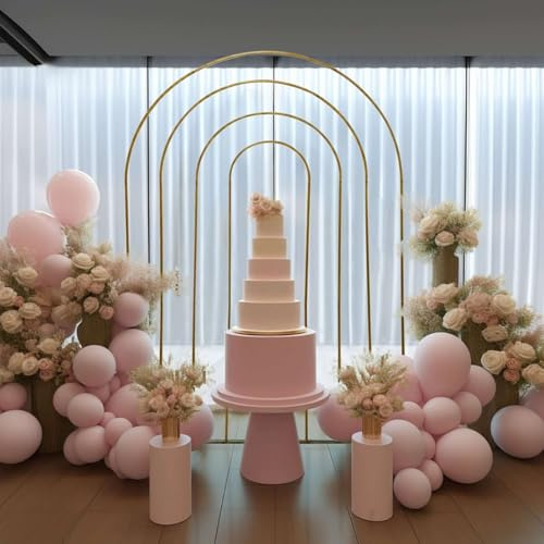 DECAKE Soporte de Fondo Chiara de Metal Dorado Multicapa con Parte Superior Redonda de 2,4 m, Arco de Boda con Marco Floral arcoíris