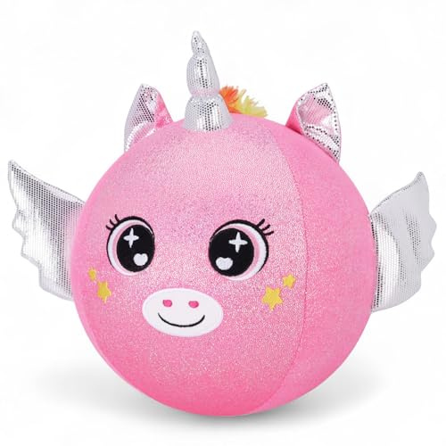 MIJOMA Plüschball Ø23cm mit Handpumpe – Kuscheliger aufblasbarer Softball – Flauschiger Ball aus Plüsch – Aufblasspielzeug für Kinder (Einhorn – Rosa)