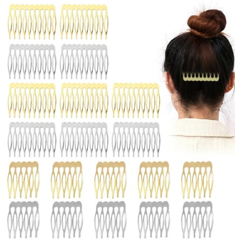 20 Metall-Seitenkämme (10 & 6 Zähne) für Schleier, französische Damen-Seitenkämme mit Zähnen für Haarschmuck mit silbernem & goldenem Dutt-Clip