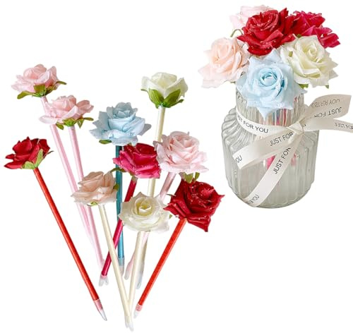 12 penne a sfera con fiori artificiali creativi, penne a inchiostro nero, per San Valentino, decorazioni per matrimoni, ufficio, scuola, multicolore