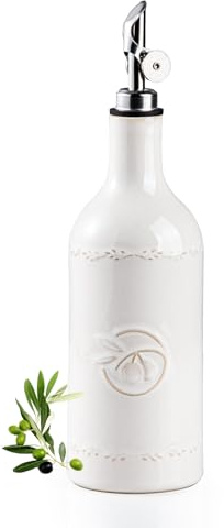 MIKIGEY Olive Oil Dispenser Bottle, 18 oz Ceramic Oil Dispenser for Kitchen, Large Capacity Oli Bottle and Vinegar Cruet with Stainless Steel Spout, Cooking Oil Dispenser, Pack of 1, Off-White