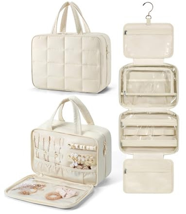 INMORVEN Trousse de toilette suspendue pour femme - Grande trousse de maquillage de voyage avec 4 compartiments, résistante à l'eau et pliable, crochet pivotant à 360° (28 x 20 x 12 cm), blanc