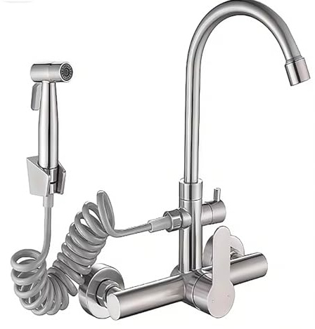 Wasserhahn Küche Wandmontage Wandarmatur Küche mit Spritzpistole 360° Drehbare Küchenarmatur Wandmontage Edelstahl Gebürstet