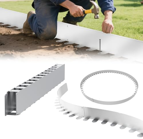 Aufun Flexible Rasenkante verzinkt Edelstahl 5M Mähkante Metall mit 25 Erdanker, Höhe 100 mm Wetterbeständige Rasenabgrenzung Beeteinfassung, Landschaftskante, Terrassenplattenkanten, Silber