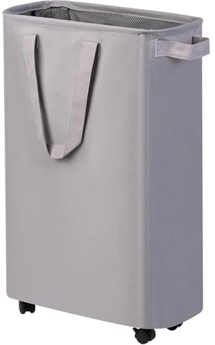 RETSAMV Wäschekörbe mit Rollen Schmale Wäschebox mit Deckel und Netzabdeckung Laundry Baskets mit Griffen für Bad Schlafzimmer Waschküche (Gray)