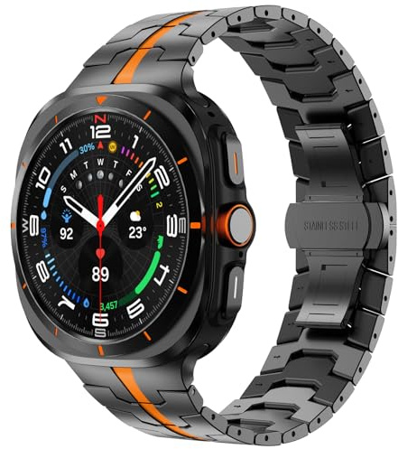 KADES Titan Metall Armband Kompatibel mit Samsung Galaxy Watch Ultra 47mm(2024/2025),Gliederarmband Ersatzarmband für Galaxy Watch Ultra Armband, Schwarz/Orange