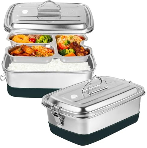 SWEWARM Caja Bento de acero inoxidable 304, contenedor de almuerzo de doble capa de 2,0 L/2000 ml, con tapa segura a prueba de fugas y asa para adultos y niños (3 compartimentos, 22 x 15,5 x 9 cm)