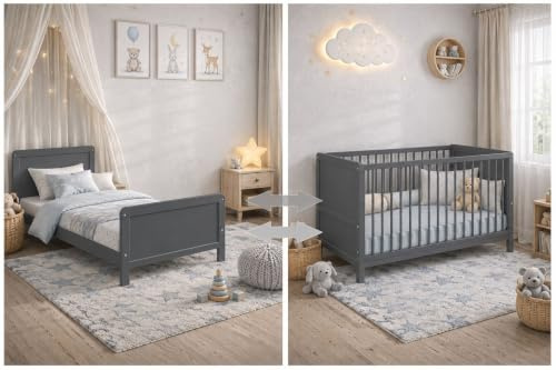 Baby Happy Bliss Nelly Babybett 120x60 cm – Kinderbett – Grau – Buchenholz – 2-Fach höhenverstellbar – 3 Schlupfsprossen – EN 716 geprüft
