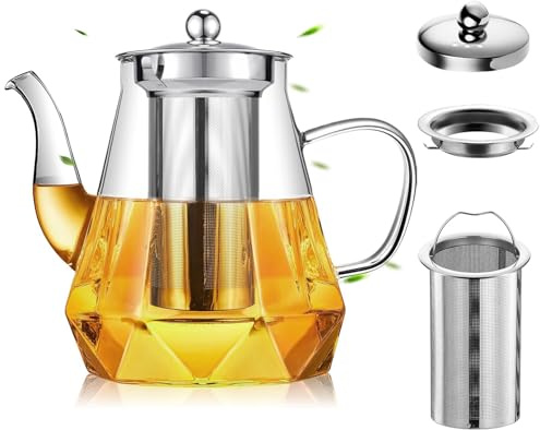 Glas Teekanne mit Siebeinsatz, 1000ML Teekanne Glas mit Herausnehmbarem Teesieb aus Edelstahl, Teezubereiter für Losen Tee, Borosilikatglas Teeservice für Losen Tees Fruchttee Duftender Tee