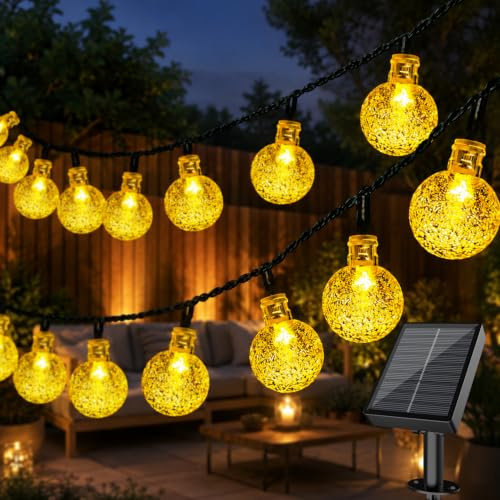 Electight 10M 60LED Guirnalda Luce Sola con 2.3cm Bola de Cristal LED | Impermeable Guirnaldas Luces Exterior Solares, 8 Modos, Interior y Exterior para Jardín, Patio, Fiesta (Amarillo Cálido)